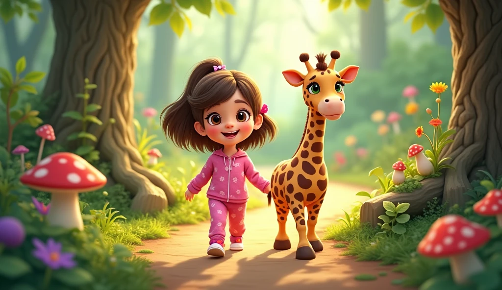 Cartoon girl in pink pajamas walking in a beautiful forest along a path with a toy plush giraffe walking next to her