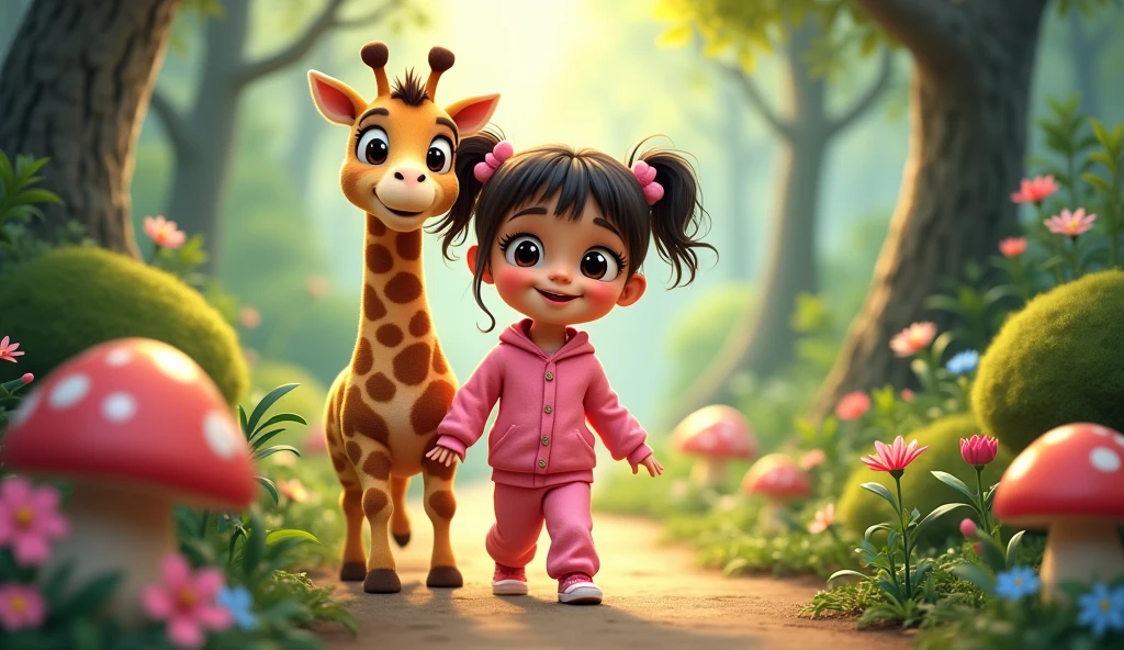 Cartoon girl in pink pajamas walking in a beautiful forest along a path with a toy plush giraffe walking next to her