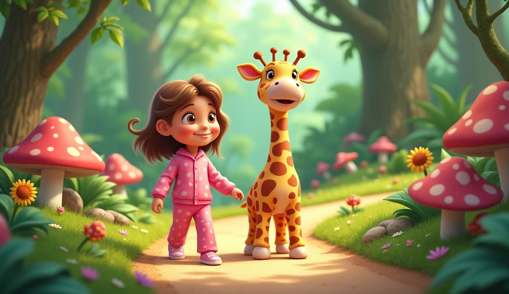 Cartoon girl in pink pajamas walking in a beautiful forest along a path with a toy plush giraffe walking next to her