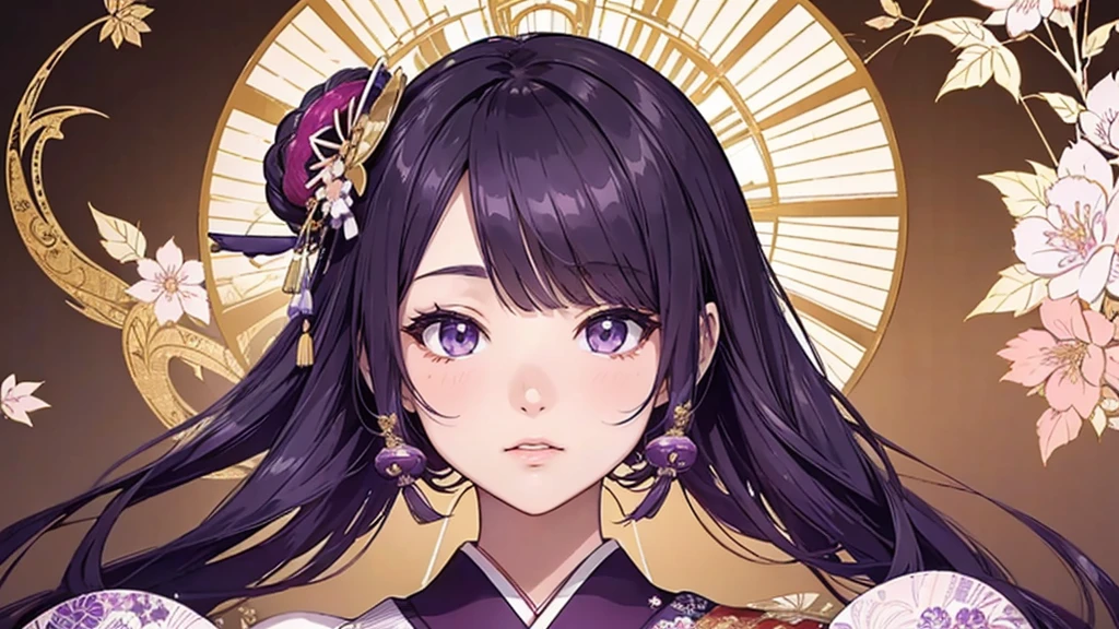 A Japanese fabric pattern with traditional purple, white and gold colors, featuring intricate designs of geisha figures surrounded by autumn Leaf and big fans, with subtle floral patterns in the background. The design is elegant and richly textured, reflecting classic Japanese aesthetics. It's perfect for high-end textile applications or as an artistic wallpaper in the style of traditional Japanese designs. flowding Bright crystal