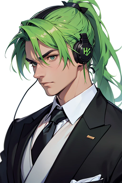 Green Hair、ponytail、Man wearing headphones、Black suit with white frilly tie、