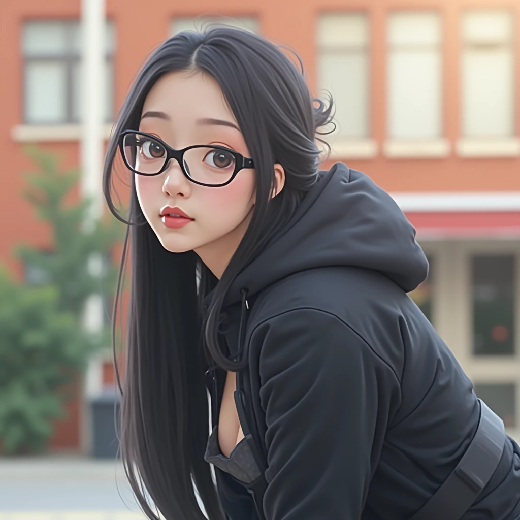 Highest quality, masterpiece, Ultra-high resolution, (Realistic:1.4), RAW Photos, 1 girl, Black Hair, Glowing Skin, Dramatic lighting, whole body, Female dog, , Small breasts,((Glasses、))、Naked Apron、Hair Up

