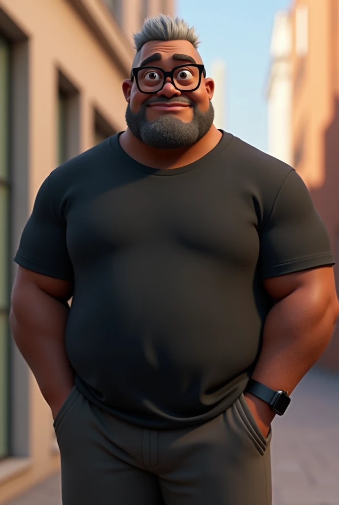 Create a stylized 3D cartoon character of a middle-aged black man with very short hair, wearing modern black glasses. The character should have a broad build but without a belly or muscular physique, and a friendly expression, but not smiling. His skin tone is dark brown with a warm undertone. The man has only two prominent vertical wrinkles on his forehead between his eyebrows. His beard is trimmed and sparse, with more white hairs on the chin and the rest being dark gray. His hair is gray, extremely short on top, styled to the right side, and shaved on the sides. The man has hairy arms and does not wear any accessories or jewelry, except for a black smartwatch. He is looking directly at the camera, not cross-eyed, and not smiling. The man is dressed in an oversized black t-shirt and dark gray pants without a belt. The character should be rendered in a stylized, animation-style, with a Pixar-like quality, using Arnold Maya render or toon Keyshot render. The rendering should be high quality, with cinematic lighting, sharp focus, detailed textures, detailed skin, clay-like finish, and bokeh effects in 8K resolution.
