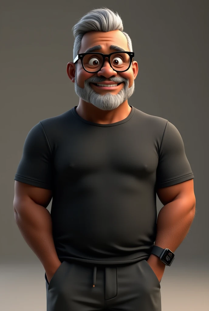 Create a stylized 3D cartoon character of a middle-aged black man with very short hair, wearing modern black glasses. The character should have a broad build but without a belly or muscular physique, and a friendly expression, but not smiling. His skin tone is dark brown with a warm undertone. The man has only two prominent vertical wrinkles on his forehead between his eyebrows. His beard is trimmed and sparse, with more white hairs on the chin and the rest being dark gray. His hair is gray, extremely short on top, styled to the right side, and shaved on the sides. The man has hairy arms and does not wear any accessories or jewelry, except for a black smartwatch. He is looking directly at the camera, not cross-eyed, and not smiling. The man is dressed in an oversized black t-shirt and dark gray pants without a belt. The character should be rendered in a stylized, animation-style, with a Pixar-like quality, using Arnold Maya render or toon Keyshot render. The rendering should be high quality, with cinematic lighting, sharp focus, detailed textures, detailed skin, clay-like finish, and bokeh effects in 8K resolution.