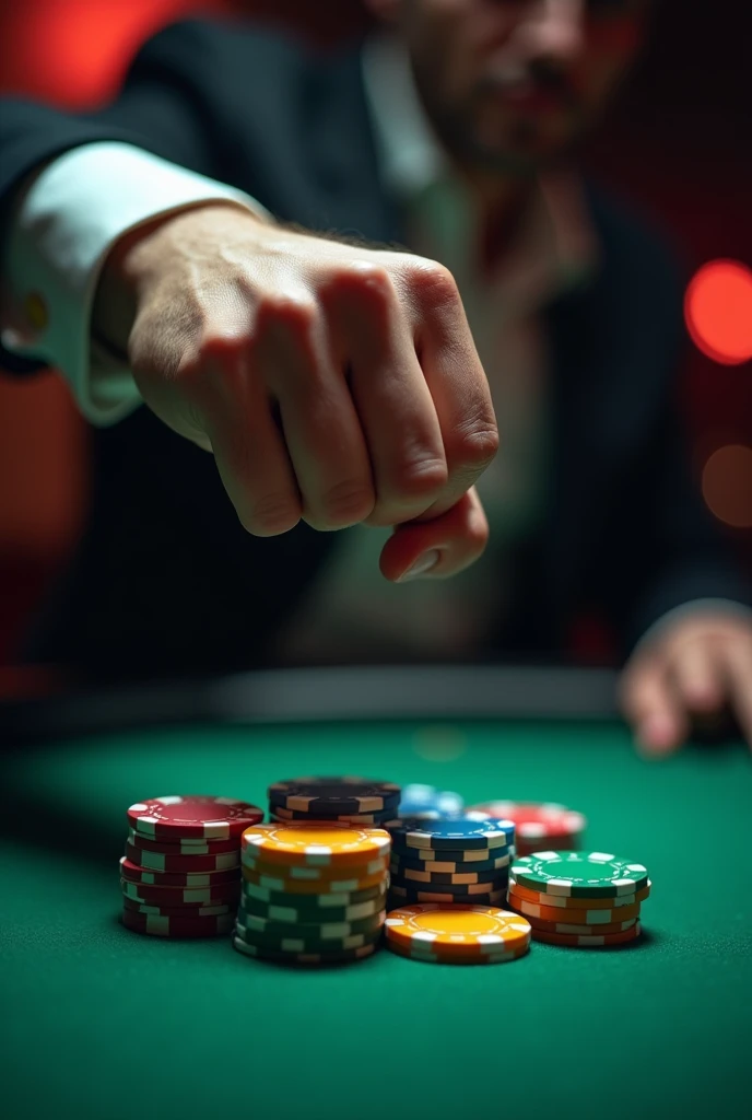 A hand trying to grab a pile of poker chips