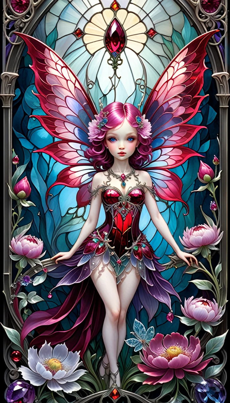 triadic colors, cinematic, official art, close fairytale transparent glass pixie ruby peony flowers, ice hoarfrost, baroque, Craola, highly detailed stained glass wings, amethyst crystals, labradorite iridescent crystals, Andy Kehoe, John Blanche, complex highly detailed background, child book detailed illustration, fantasy, filigree, filigree detailed, intricated, cute
