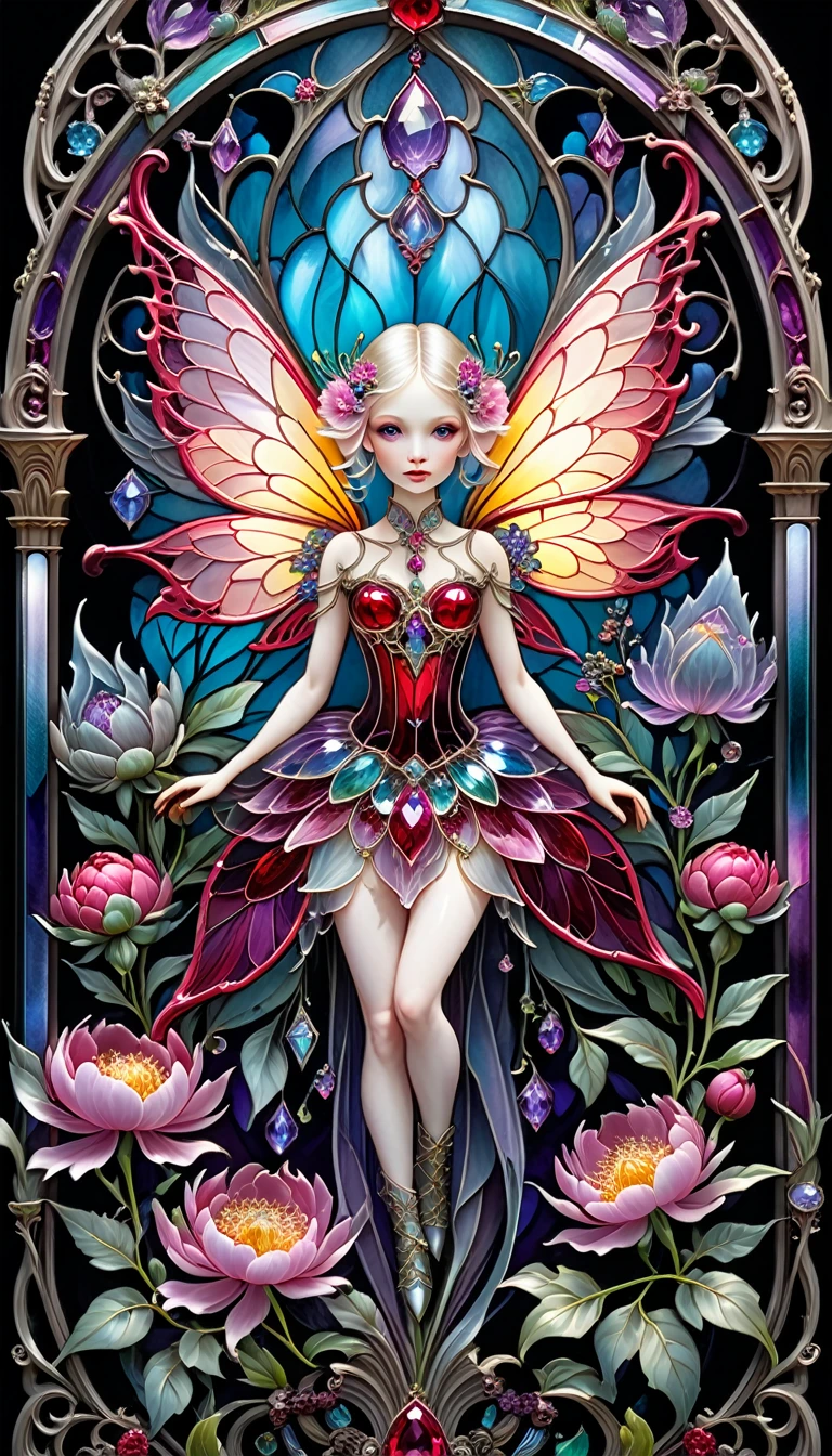triadic colors, cinematic, official art, close fairytale transparent glass pixie ruby peony flowers, ice hoarfrost, baroque, Craola, highly detailed stained glass wings, amethyst crystals, labradorite iridescent crystals, Andy Kehoe, John Blanche, complex highly detailed background, child book detailed illustration, fantasy, filigree, filigree detailed, intricated, cute