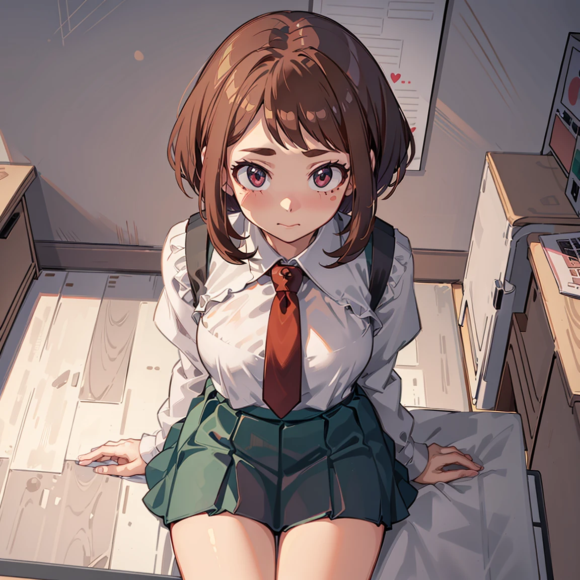 ((Uraraka Ochako)), ​masterpiece, sitting, office background, minimalist art, detailded, meticulous art, No defects, character focus, cenário detailded, Proportionate Body, beautiful  face, Body cute, animated cartoon, arte anime, perfect art, perfectionism, view from above, looking up, (1 girl), (standing alone), blushed, shame, Drunk, (((Maximum quality))), (adult  woman), ((secretary clothes)) social shirt, short black skirt, sitting em cima da mesa, view from above, seducing,  ((lifting the skirt)) lingerie white, white ribbon pantyhose, sexly, nice legs, ((opening the legs)) thighs showing