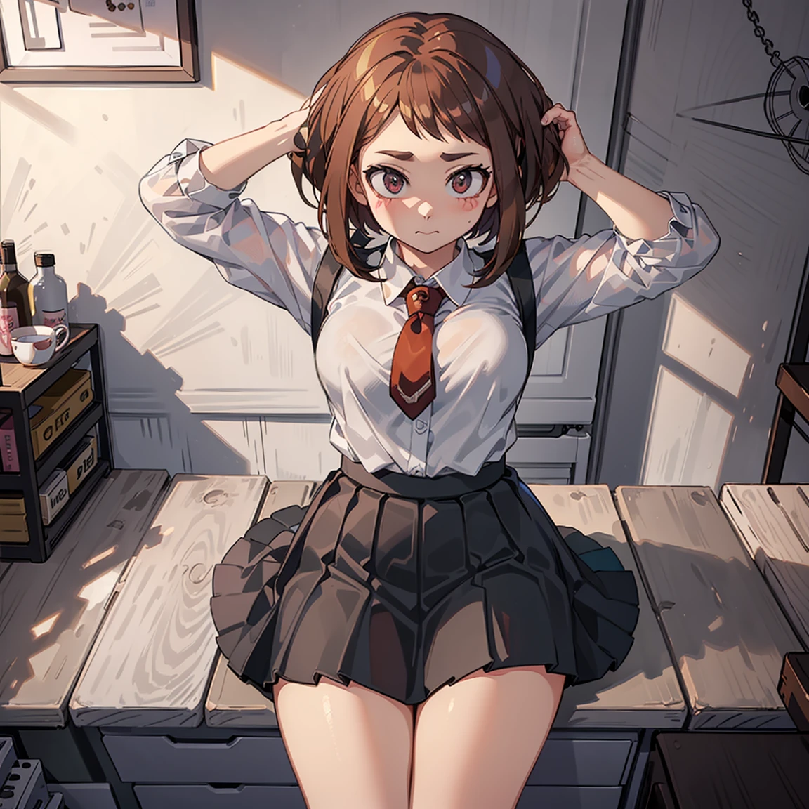 ((Uraraka Ochako)), ​masterpiece, sitting, office background, minimalist art, detailded, meticulous art, No defects, character focus, cenário detailded, Proportionate Body, beautiful  face, Body cute, animated cartoon, arte anime, perfect art, perfectionism, view from above, looking up, (1 girl), (standing alone), blushed, shame, Drunk, (((Maximum quality))), (adult  woman), ((secretary clothes)) social shirt, short black skirt, sitting em cima da mesa, view from above, seducing,  ((lifting the skirt)) lingerie white, white ribbon pantyhose, sexly, nice legs, ((opening the legs)) thighs showing