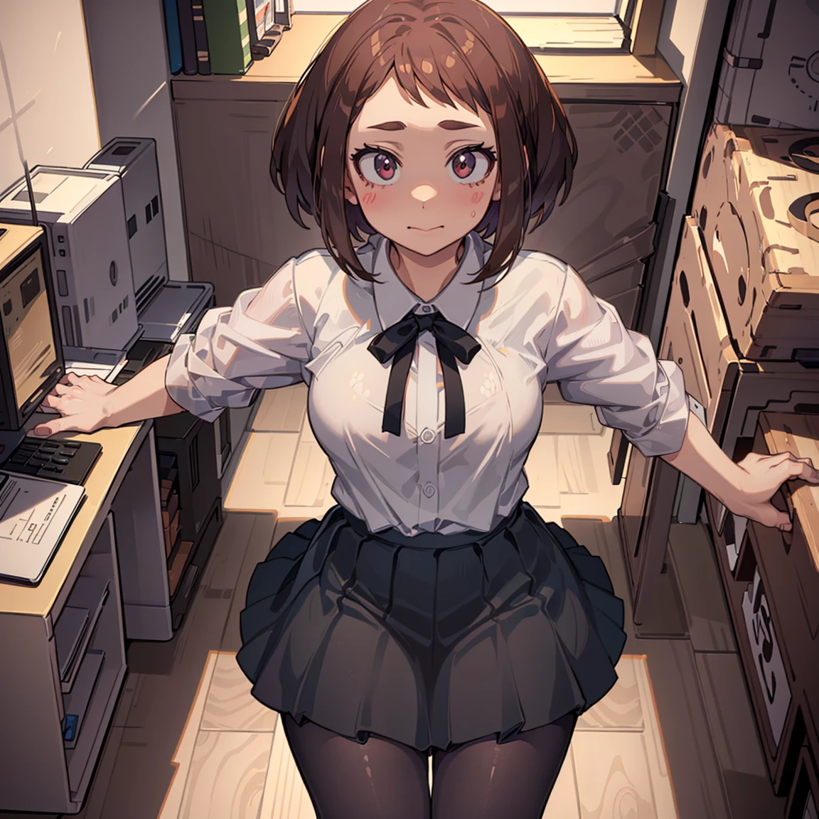 ((Uraraka Ochako)), ​masterpiece, sitting, office background, minimalist art, detailded, meticulous art, No defects, character focus, cenário detailded, Proportionate Body, beautiful  face, Body cute, animated cartoon, arte anime, perfect art, perfectionism, view from above, looking up, (1 girl), (standing alone), blushed, shame, Drunk, (((Maximum quality))), (adult  woman), ((secretary clothes)) social shirt, short black skirt, sitting em cima da mesa, view from above, seducing,  ((lifting the skirt)) lingerie white, white ribbon pantyhose, sexly, nice legs, ((opening the legs)) thighs showing