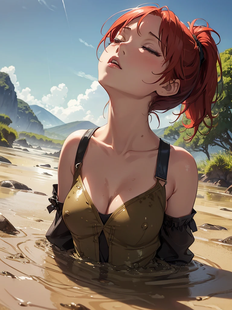 1girl, solo, masterpiece, best quality, high res, highly detailed, (illustration), beautiful detailed eyes, yuigahama yui, red hair ponytail, glossy lips, light makeup, orgasm, (looking up to the sky:1.5), intimate moment, sleeveless top, cleavage, (quicksand:1.4), (from side:0), bog, swampy, eyes closed, gasp