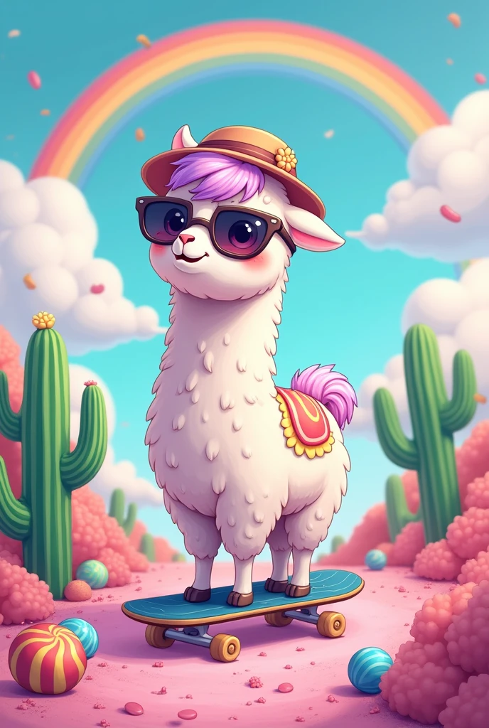 Cute alpaca,comic,dreamy,Clouds,candys,sunglasses,rainbow,soft pink hair,soft purple Hair,hat,cactus,scateboard