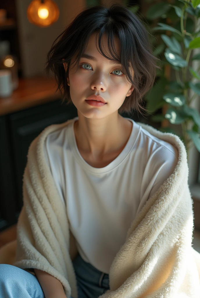 Beautiful girl with attractive empty light blue eye, attractive sharp and long eyebrow, messy short straight cut, dressed in white t shirt and jean, sitting on cafe with blanket covers herself