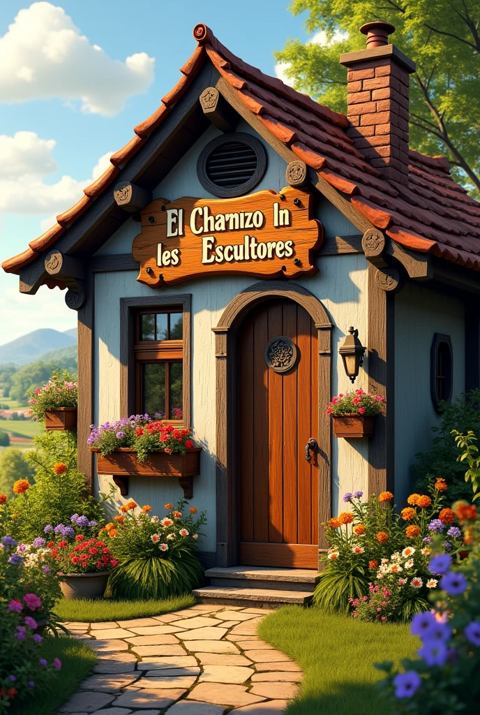 a charming small cottage, detailed weathered wood exterior, intricate carved wooden sign above the door reading "El Chamizo de los Escultores", vibrant flower garden surrounding the cottage, overflowing window boxes, quaint rural countryside landscape in the background, warm golden hour lighting, photorealistic, highly detailed, 8k