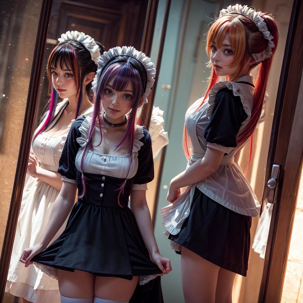 Fisheye Lens Full Body wide Shot, (Extremely Detailed((Kawaii Maid Group in a row:1.37))), Childish perfect face, Reflective Eyes, Detailed(Delicate Clothing textures), Dynamic Joyful Expressions LifeLike Rendering, (Specular Reflection:1.2), TopQuality 8K Ultra-detailed masterpiece (ProfessionalPhoto:1.37), (Acutance:0.8), (Luminism:1.28), (Renaissance art style), (Colorful Light particles:0.75), (Muscle:-0.5), ((Full body from side)), {mini(SkirtLift)|Kissing|Hugging|Undressing}, Radiant Fine Skin with Transparency, (Exposed:0.5), (Different Types of Vivid Anime Hair Colors:1.6), Perfect Lighting 