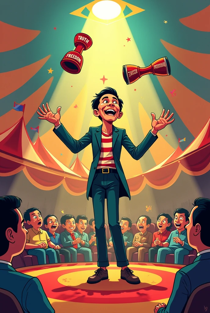 Imagine a cartoon where the Philippine media is depicted as a large, overburdened juggler in a circus tent. The juggler is balancing various objects labeled "Truth," "Freedom," "Sensationalism," "Propaganda," and "Public Interest." Some objects are falling or being dropped, while others are being precariously balanced. The audience, representing the public, looks both entertained and confused.