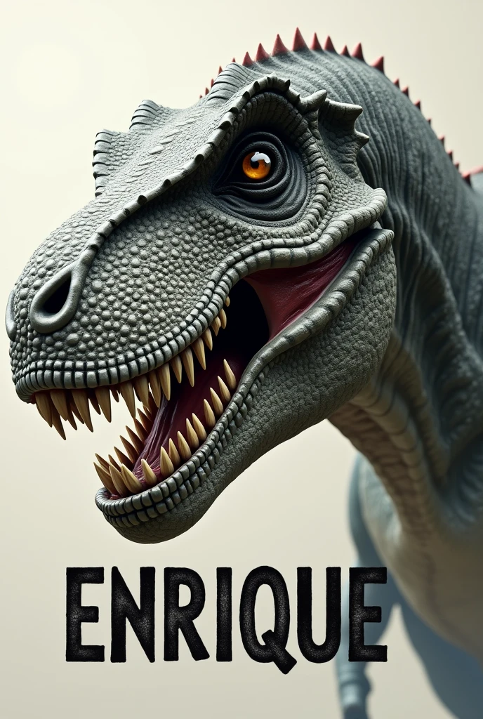 Generate the head of a dinosaur and below there should be a text with the name Enrique. Let the dinosaur be ultra realistic and the text large.