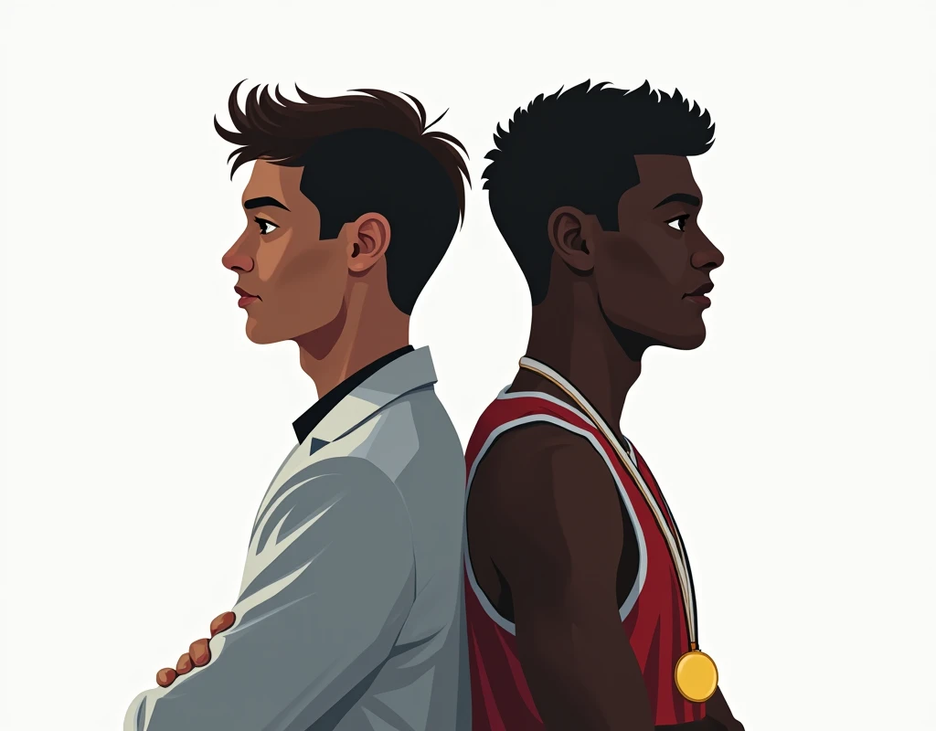 A creative design image in which the silhouettes of one young male researcher in a white coat and another male track and field athlete with a gold medal hanging from his neck overlap back to back