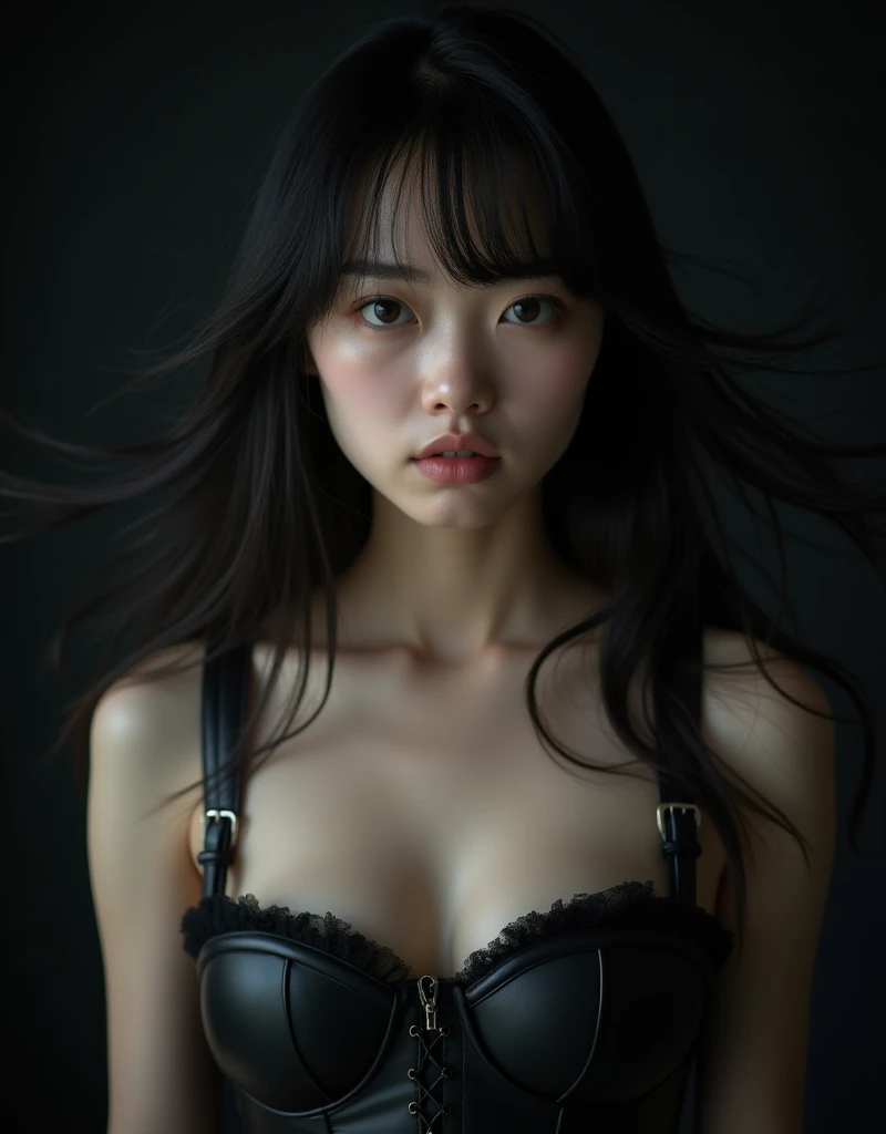 real photograph, Dreamy atmosphere, Studio shot、Upper body portrait、Angle from below、(Black leather corset:1.4), (Big and ample breasts:1.4), Focus on the chest、Slim Body Enhancement、Realistic、Realistic、Highly detailed cute girl、alone、18-year-old、Japanese、Melancholic expression, Big and ample breasts、Black Hair、Long Hair, Thick bangs、Hair dancing in the wind、Plain black wallpaper for backgrounds、Out of focus、Blur、