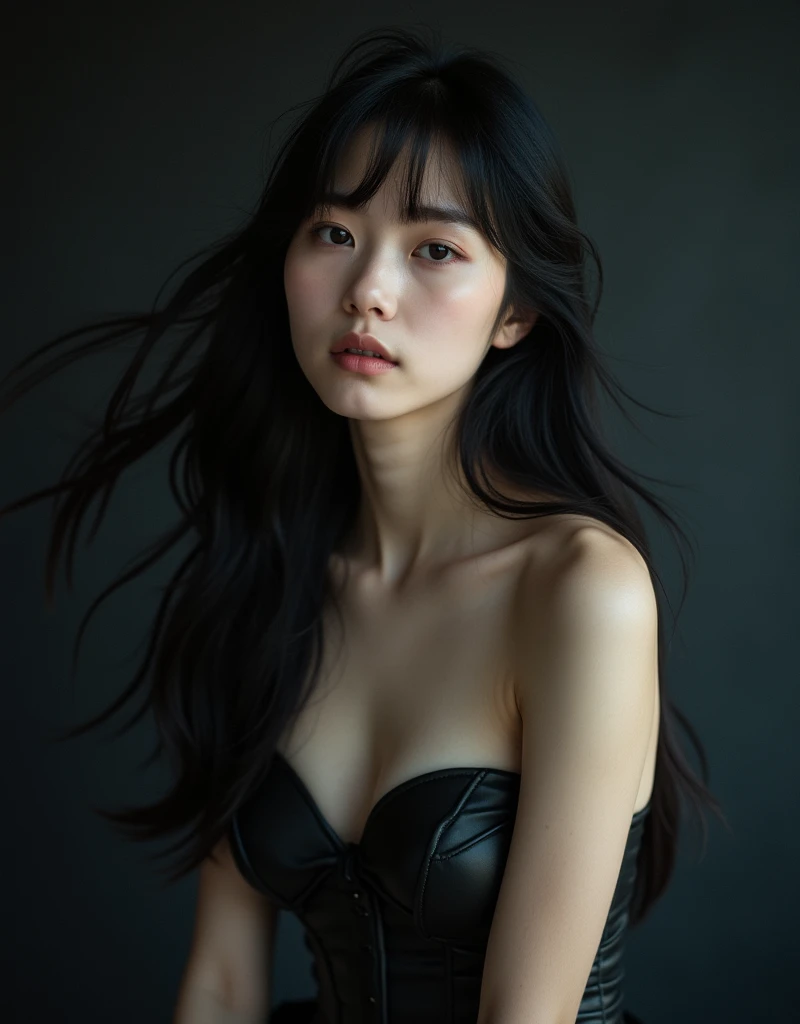 real photograph, Dreamy atmosphere, Studio shot、Upper body portrait、Angle from below、(Black leather corset:1.4), (Big and ample breasts:1.4), Focus on the chest、Slim Body Enhancement、Realistic、Realistic、Highly detailed cute girl、alone、18-year-old、Japanese、Melancholic expression, Big and ample breasts、Black Hair、Long Hair, Thick bangs、Hair dancing in the wind、Plain black wallpaper for backgrounds、Out of focus、Blur、