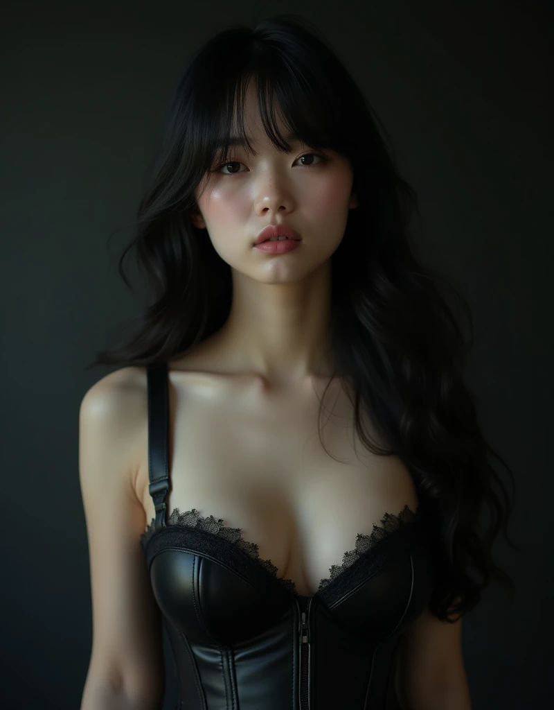 real photograph, Dreamy atmosphere, Studio shot、Upper body portrait、Angle from below、(Black leather corset:1.4), (Big and ample breasts:1.4), Focus on the chest、Slim Body Enhancement、Realistic、Highly detailed cute girl、alone、18-year-old、Japanese、pretty face, Big and ample breasts、Black Hair、Long Hair, Thick bangs、Hair dancing in the wind、Plain black wallpaper for backgrounds、Out of focus、Blur、