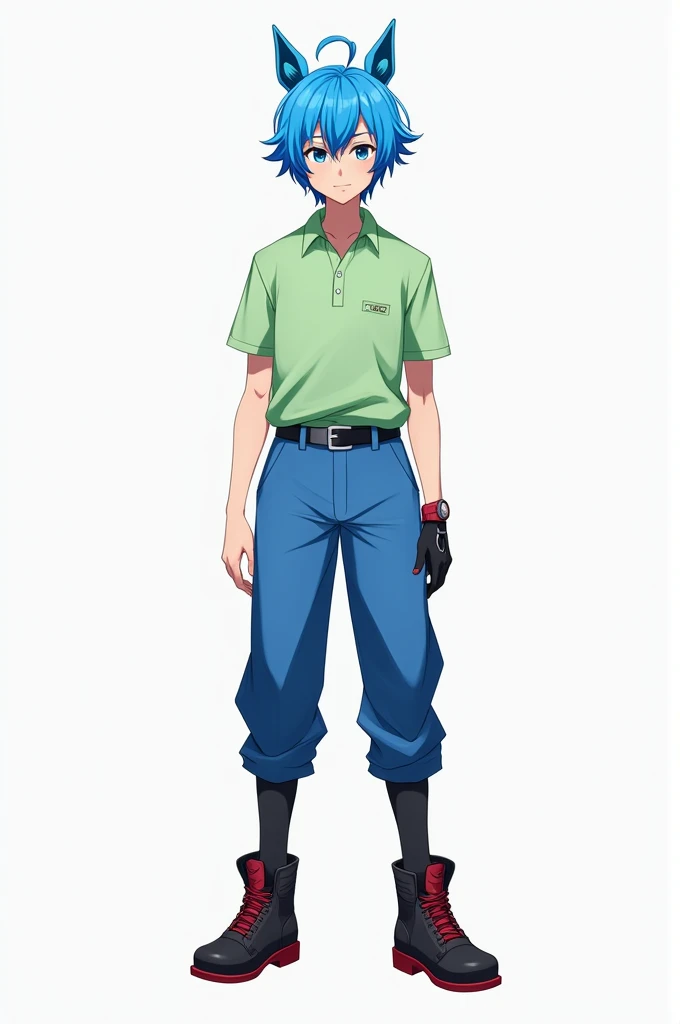 Very handsome anime boy, nice light green polo shirt, bright blue pants, blue hair with cute little ears on his head and boots, a red part with black