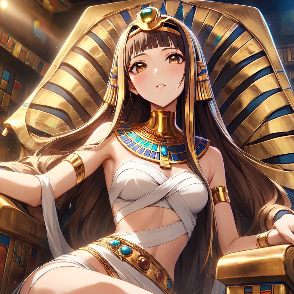 ((Highest quality)), ((masterpiece)), (detailed), （Perfect Face）、((The woman is wearing the golden mask of Tutankhamun))、The woman with the face of Tutankhamun in ancient Egypt is Asuna Yuuki with bright brown hair, semi-long hair, and a magnificent Tutankhamun face wearing a Tutankhamun hat. Her face is completely Tutankhamun and she is wearing clothes like Cleopatra.、The woman is dressed as Tutankhamun of ancient Egypt.、A woman sits on an ancient Egyptian throne and reigns with the golden face of Tutankhamun