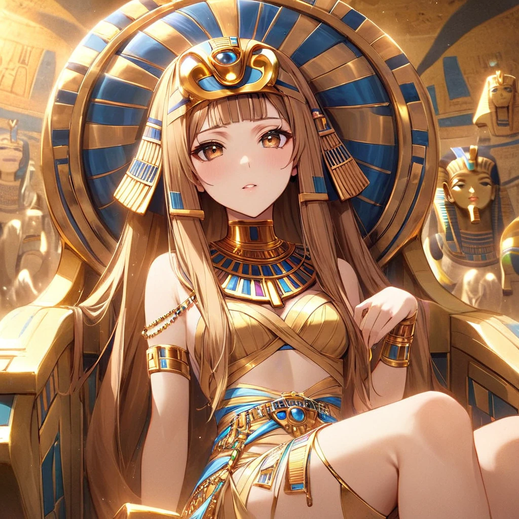 ((Highest quality)), ((masterpiece)), (detailed), （Perfect Face）、((The woman is wearing the golden mask of Tutankhamun))、The woman with the face of Tutankhamun in ancient Egypt is Asuna Yuuki with bright brown hair, semi-long hair, and a magnificent Tutankhamun face wearing a Tutankhamun hat. Her face is completely Tutankhamun and she is wearing clothes like Cleopatra.、The woman is dressed as Tutankhamun of ancient Egypt.、A woman sits on an ancient Egyptian throne and reigns with the golden face of Tutankhamun