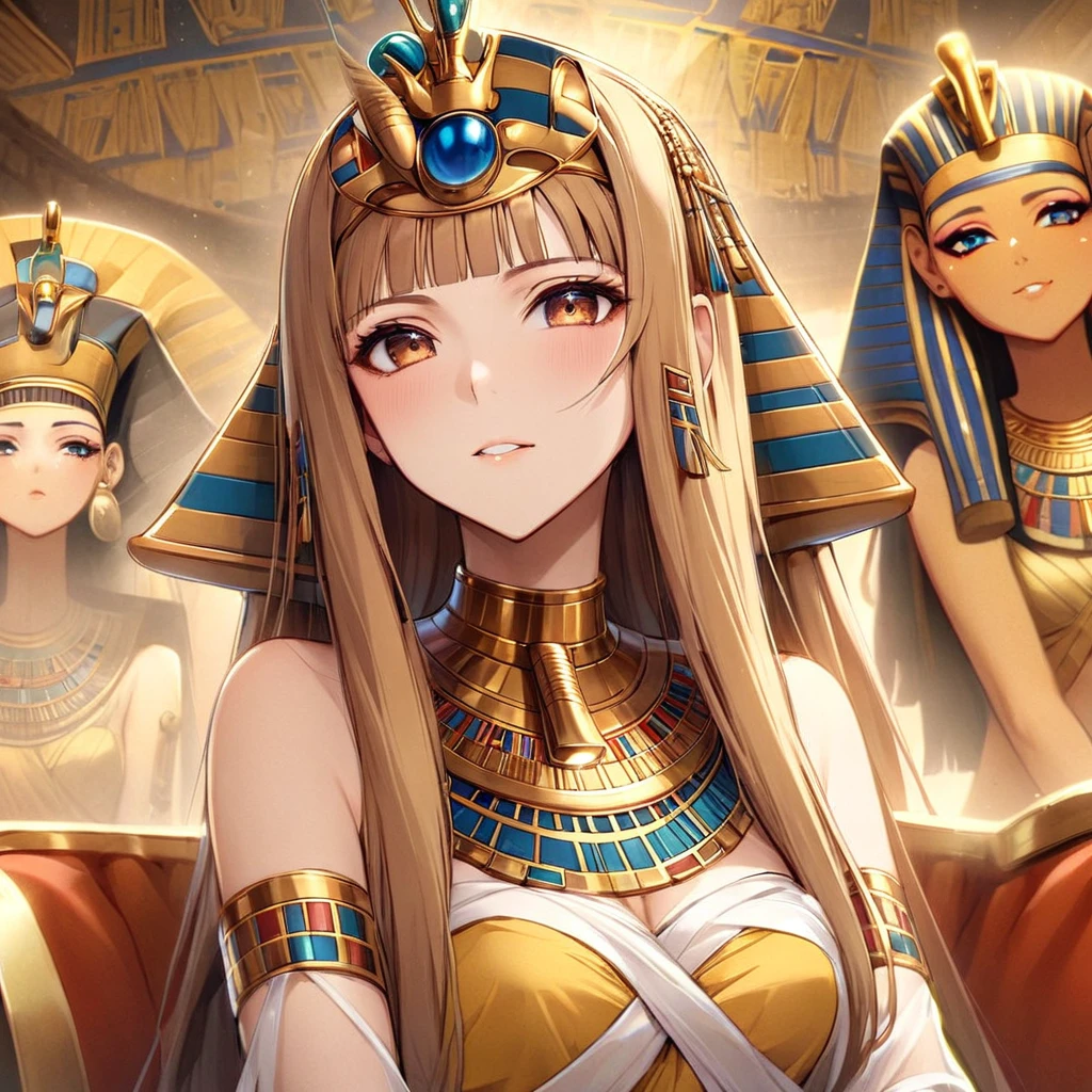 ((Highest quality)), ((masterpiece)), (detailed), （Perfect Face）、((The woman is wearing the golden mask of Tutankhamun))、The woman with the face of Tutankhamun in ancient Egypt is Asuna Yuuki with bright brown hair, semi-long hair, and a magnificent Tutankhamun face wearing a Tutankhamun hat. Her face is completely Tutankhamun and she is wearing clothes like Cleopatra.、The woman is dressed as Tutankhamun of ancient Egypt.、A woman sits on an ancient Egyptian throne and reigns with the golden face of Tutankhamun