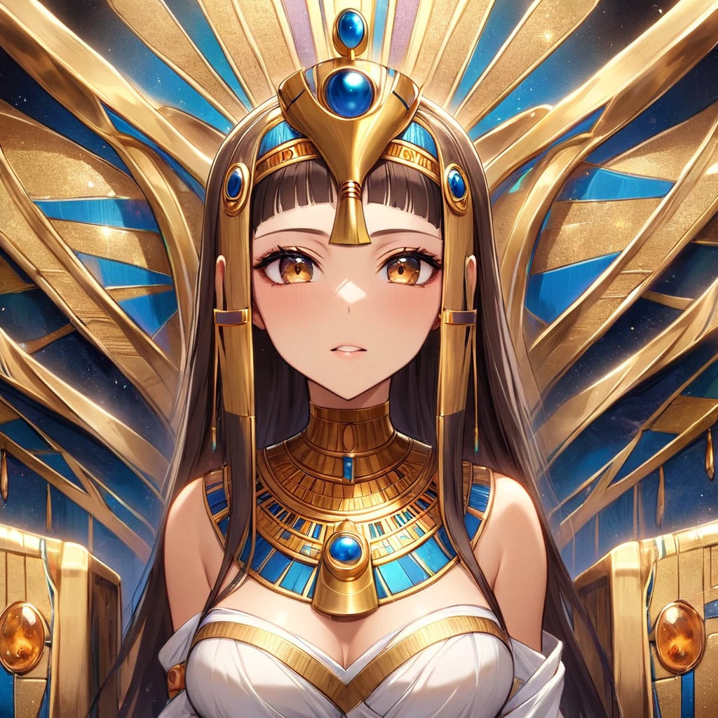 ((Highest quality)), ((masterpiece)), (detailed), （Perfect Face）、((The woman is wearing the golden mask of Tutankhamun))、The woman with the face of Tutankhamun in ancient Egypt is Asuna Yuuki with bright brown hair, semi-long hair, and a magnificent Tutankhamun face wearing a Tutankhamun hat. Her face is completely Tutankhamun and she is wearing clothes like Cleopatra.、The woman is dressed as Tutankhamun of ancient Egypt.、A woman sits on an ancient Egyptian throne and reigns with the golden face of Tutankhamun