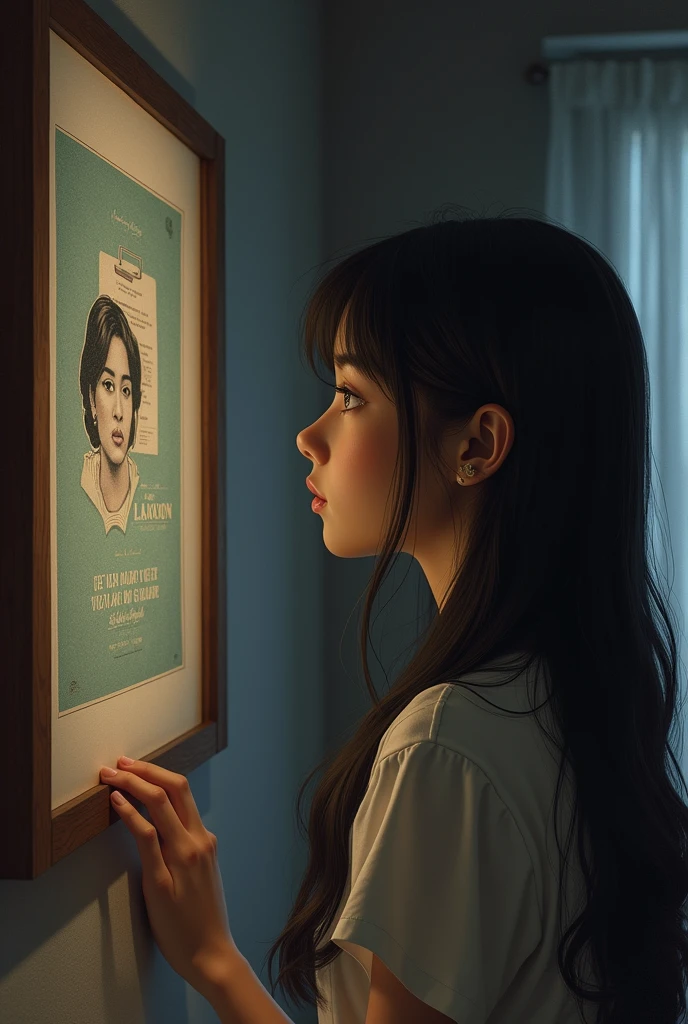 Girl's gaze drifting to the framed poster hanging on the wall