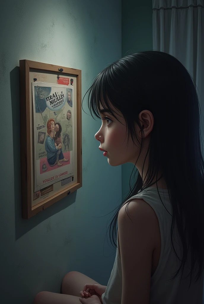 Girl's gaze drifting to the framed poster hanging on the wall