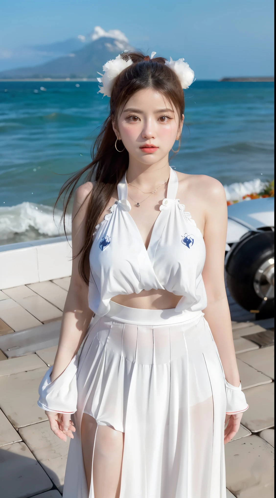 work of art, best qualityer, 1woman, A high resolution,  beautiful girl ,  yamatowanpi，breasts big，neckleace，White color blouse，full body photo，Raised sexy，Get red in the face，sea background, ((Full body)) posing with your arm