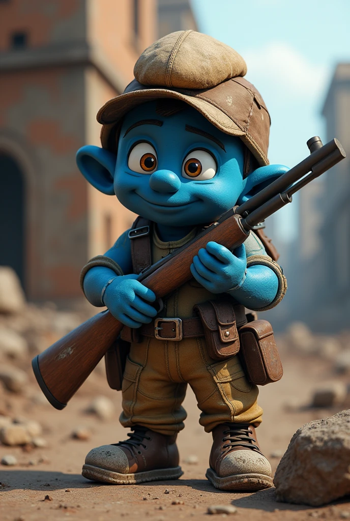 A smurf with brown skin as a character from the video game rust with a rifle. das Make it a black man with brown skin