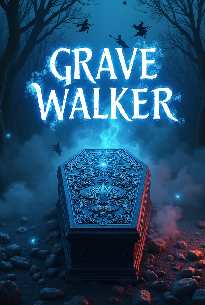 There is a title "Grave Walker" written over the fantasy coffin. There is a night background of the title. Witches flying in the sky on their flying brooms. Magic is spreading at the background. Title "Grave Walker" is written with some magic colours. A 3D, aesthetic, fantasy poster.