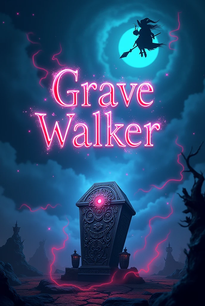 There is a title "Grave Walker" written over the fantasy coffin. There is a night background of the title. Witches flying in the sky on their flying brooms. Magic is spreading at the background. Title "Grave Walker" is written with some magic colours. A 3D, aesthetic, fantasy poster.