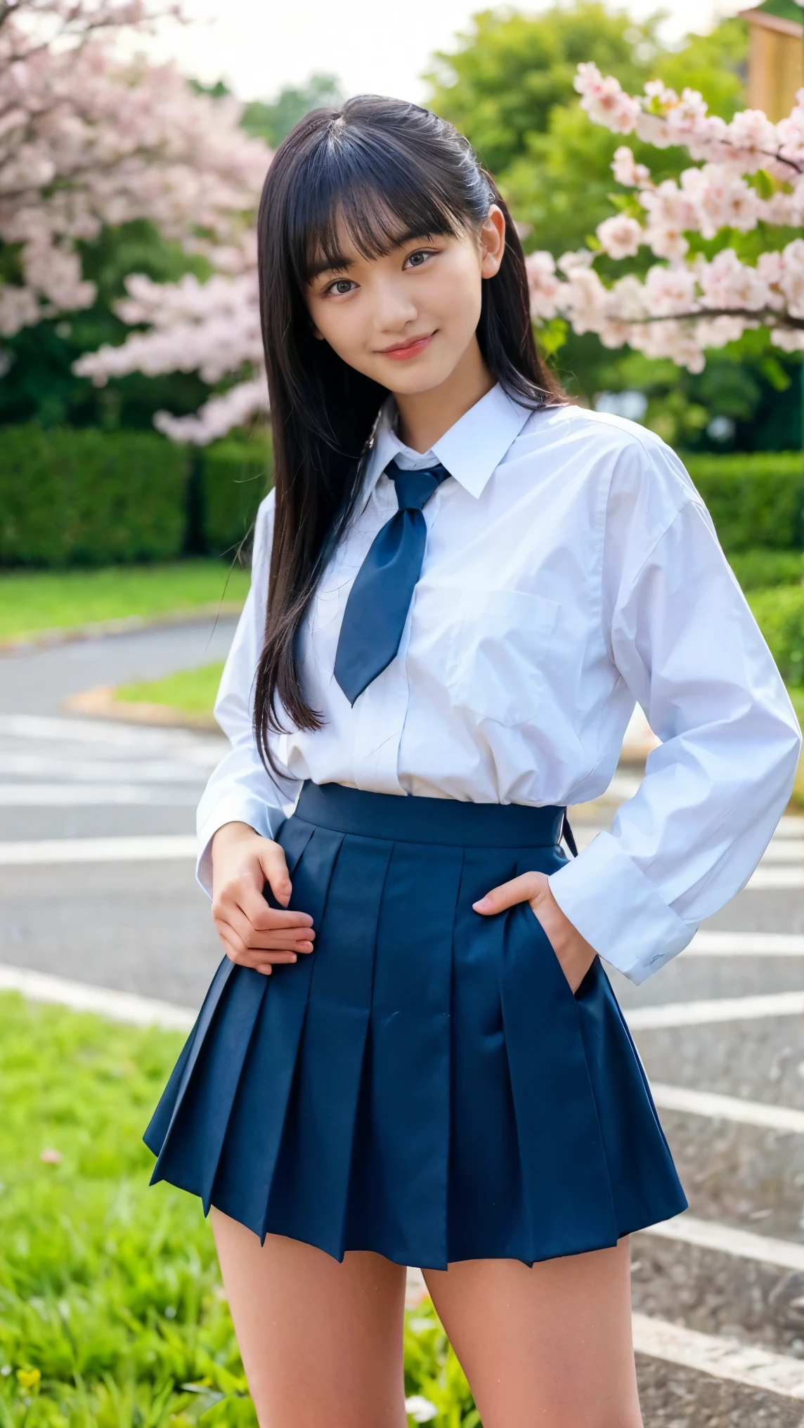 ((((detailed explanation)))),(((masterpiece、Highest quality、Very detailed:1.42、Focus on the eyes)))、Japanese high school girls posing in the schoolyard in the evening。She is wearing a white shirt and a navy blue pleated skirt..、Wearing a red ribbon tie。The shirt is clean、Ironing is solid。Roll up your shirt sleeves slightly to your elbows、A simple silver bracelet gleams on her wrist..。The skirt of the uniform is above the knee、The pleats on the skirt are neatly arranged。

The model is naturally straight, Shoulder-length black hair.、Bangs should be slightly longer than eyebrows。Her hair is bathed in sunlight、soft and radiant。His face is well-formed.、大きな瞳はShe has a pure and bright look.。Her skin is so white it&#39;s almost transparent、A slight flush on the cheeks gives a healthy look.。唇は自然なpink色で、When you laugh, Small dimples appear。

There is a large schoolyard in the background..、You can see rusty iron bars and playground equipment..。The sky is dyed in the sunset、orange、pink、A beautiful purple gradation spreads out.。There is a large cherry blossom tree behind the model..、Leaves swaying in the wind。Weeds growing at my feet.、Give a sense of reality。

The lighting is soft and natural, Gently embrace the model.、Warm colors illuminate her face and uniform..。She has a natural smile、Her left hand is gently lifting the edge of her skirt。Place your right hand on your hip、A relaxed yet confident pose.。Her eyes are on the camera、She has a pure and bright look.。

whole、A fusion of youthful freshness and the calm of the night.、The aim is to create an elegant yet approachable photographic image..。
