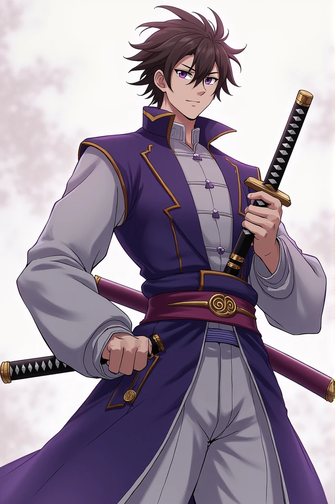 Gravity Hashira. Unruly brown hair. Man of . purples eyes. Boredom face. Purple and white uniform. Katana with swirl symbols, sheathed.
