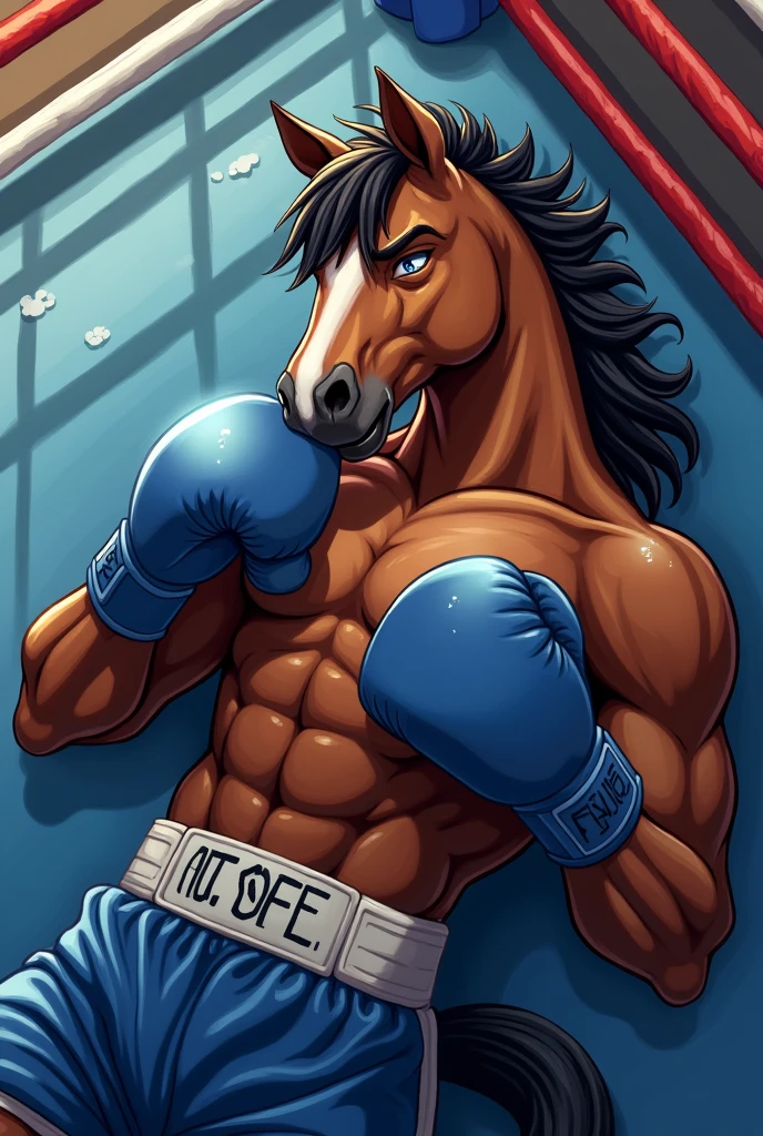 Detailed picture of a confident male anthro, (horse, chocolate brown, black mane) streached at full length on he's back on a boxing ring, trending on Art Station, Ross Tran, ruan jia, foxovh, ((exhausted expression, sweated buckets, eyes closing, wearing blue shorts, ((blue boxing gloves,)) (((dynamic lighting,))), composition from directly above,