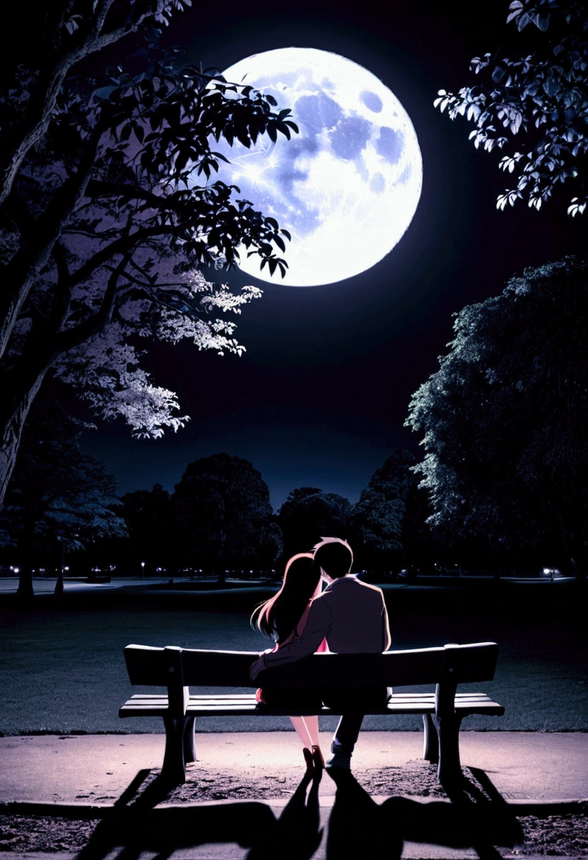 Back view, Anime style, a couple sitting on a bench in the park, at night, (Valentine mood :1.2), full moon, heart-shaped shadow on the moon