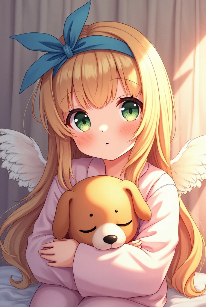(8k, RAW photo, best quality, masterpiece, highres, absurdres, ultra detailed:1.3), (Photography, realistic, photo-realistic:1.4), (beautiful natural lighting, beautiful deatailed shadow, beautiful detailed glow :1.4), atmospheric,
BREAK, 1 beautiful girl, girl, (cute:1.5),(chibi:0.5),(cute:2.0),(Loli:2.0),(12 year old girl),(big breasts:1.65),(chin hair,blonde,blue bow,green eyes,Eyebrows visible through the hair,side lock,long hair with bangs parted, hair flower, hair ornaments, big ribbon in hair, curly hair, ponytail:1.6),:he, white feathers, one thin white wing, Ang he wings, spread,(blushed,:d:1.45) , BREAK
(pajamas, night, bedroom,: 1.35),
BREAK (holding a cute sleeping dog:1.45),
BREAK wakame,wakame,wakame,(cowboy shot,from front above:1.4) BREAK manga illustration.media,manga style,(ultra rich intricately proper sketch+pastel+airbrush+colored pencil:1.1),(ultra highres composition details:1.2), (delicate illustration), (pastelcolor style illustration:0.9), (watercolor style illustration:0.4),