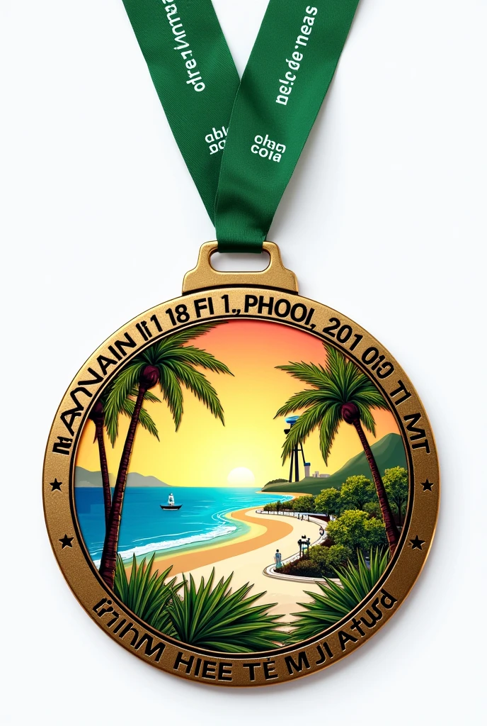 medal (medal) giải Phan Thiết Marathon
Hình ảnh thể hiện trên medal là Thành phố Phan Thiết, have blue sea, white sand, golden sunshine, coastal road, coconut tree, water tower.