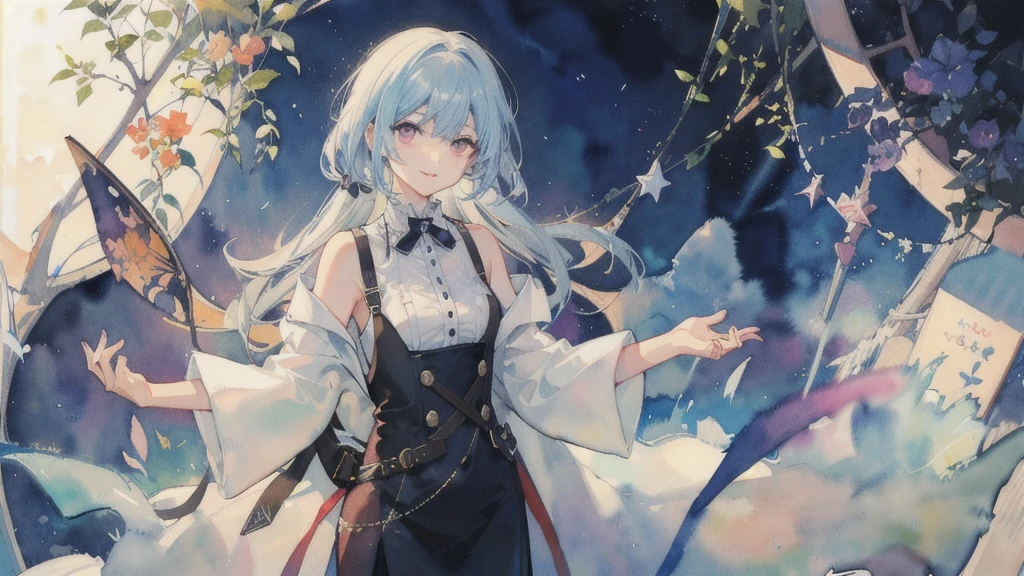 (watercolor:1.2), watercolor, one person&#39;s, alone, Long Hair, skirt, , Bottle, Black Hair, clock, Seraphim, neckerchief, Holding, wristclock, Holding Bottle, pleated skirt, drinking, Sweat, Outdoor, shirt, profile, Short sleeve, water Bottle, Painting \(Moderate\), white shirt, Sailor collar, blush, black skirt, From the side, Day, Are standing, Cowboy Shot, Day光, Brown eyes, bangs, chest, Pink Nails、（room、1 person、Tshirt、Shorts、Looking at smartphone）
