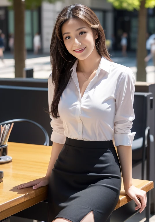 (Highly detailed CG Unity 8K wallpapers, Highest quality, Very detailed, Looking at the camera:1.2, The light shines on your face:1.5, Gray background, Professional Lighting), Upper Body, 20-year-old Japanese female paralegal. Hair length is medium, dark, Back to practical style; Oval face and well-defined eyebrows, Intelligent almond-shaped eyes, Straight nose, and a gentle tone. Outfit includes a tailored blazer, Crisp white shirt, discreet pendant necklace, It symbolizes her efficient and focused personality., front, Mid Shot, smile, mini skirt, pantyhose, High heels, Perfect beauty, office worker, ((Perfect beauty)), Slim legs, At a table on the street at a stylish open-air cafe in an office district, ,