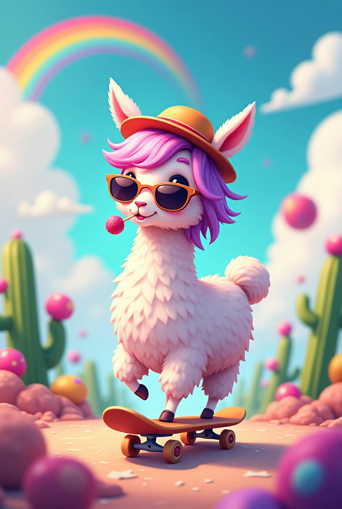 Cute alpaca,comic,dreamy,Clouds,candys,sunglasses,rainbow,soft pink hair,soft purple Hair,hat,cactus,scateboard,lollipop in mouth