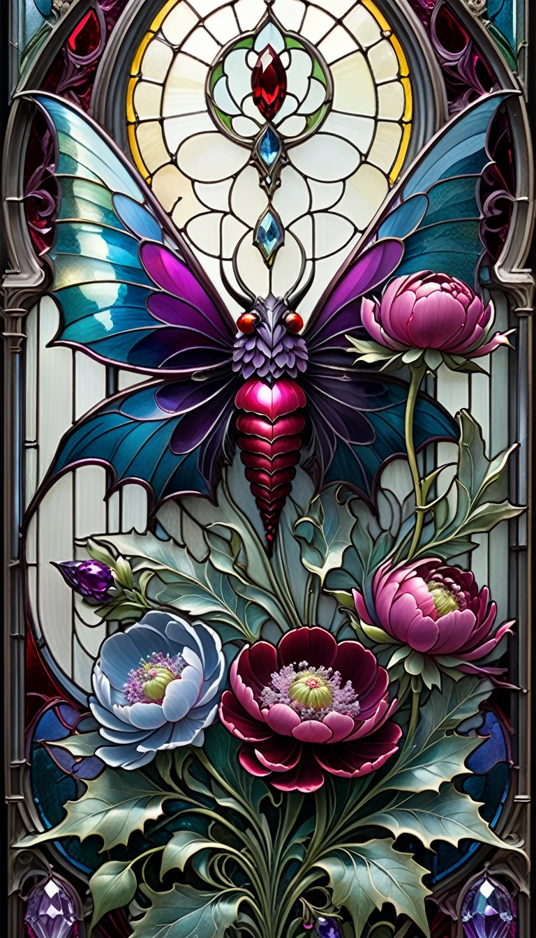 triadic colors, cinematic, official art, close fairytale transparent glass dracula ruby peony flowers, ice hoarfrost, baroque, Craola, highly detailed stained glass wings, amethyst crystals, labradorite iridescent crystals, Andy Kehoe, John Blanche, complex highly detailed background, child book detailed illustration, fantasy, filigree, filigree detailed, intricated, cute