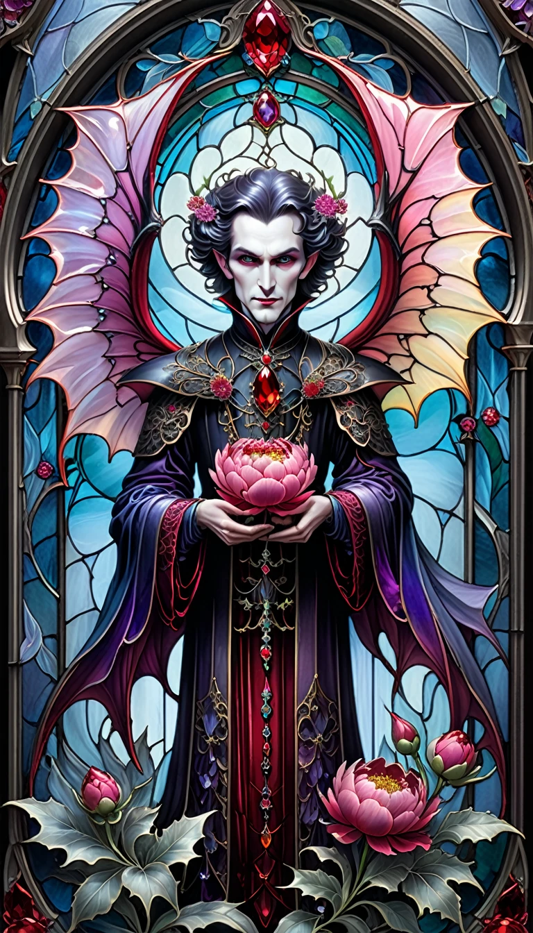 triadic colors, cinematic, official art, close fairytale transparent glass dracula ruby peony flowers, ice hoarfrost, baroque, Craola, highly detailed stained glass wings, amethyst crystals, labradorite iridescent crystals, Andy Kehoe, John Blanche, complex highly detailed background, child book detailed illustration, fantasy, filigree, filigree detailed, intricated, cute