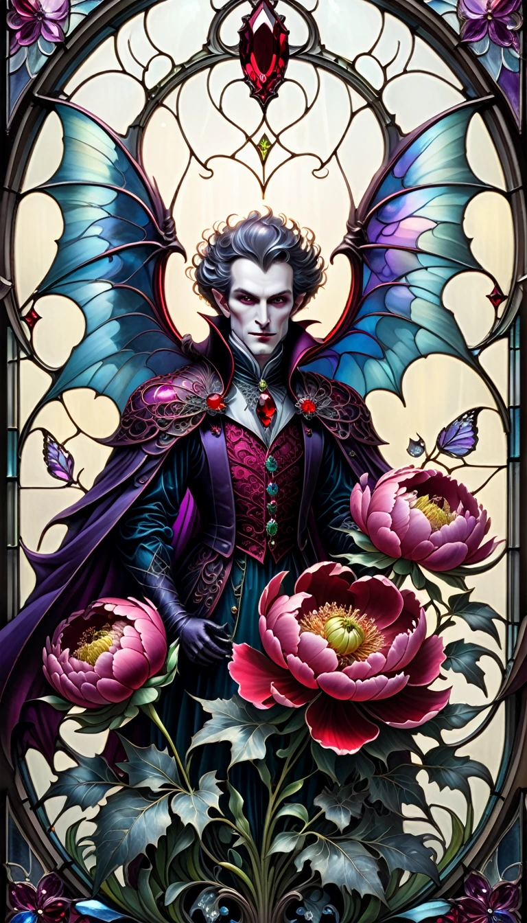 triadic colors, cinematic, official art, close fairytale transparent glass dracula ruby peony flowers, ice hoarfrost, baroque, Craola, highly detailed stained glass wings, amethyst crystals, labradorite iridescent crystals, Andy Kehoe, John Blanche, complex highly detailed background, child book detailed illustration, fantasy, filigree, filigree detailed, intricated, cute