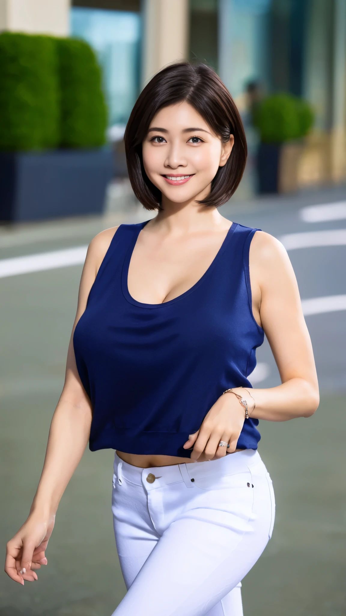 (8k,Ultra-high resolution,Highest quality,masterpiece,Realistic,Ultra-high resolution,High-quality RAW color photos),(Professional photos,Realistic,Realistic) ,Eye highlights,Cute smile,(Short Hair),((white tank top),Navy Skinny Jeans),Black Stiletto Heels,Walking around the city,((gigantic breast))