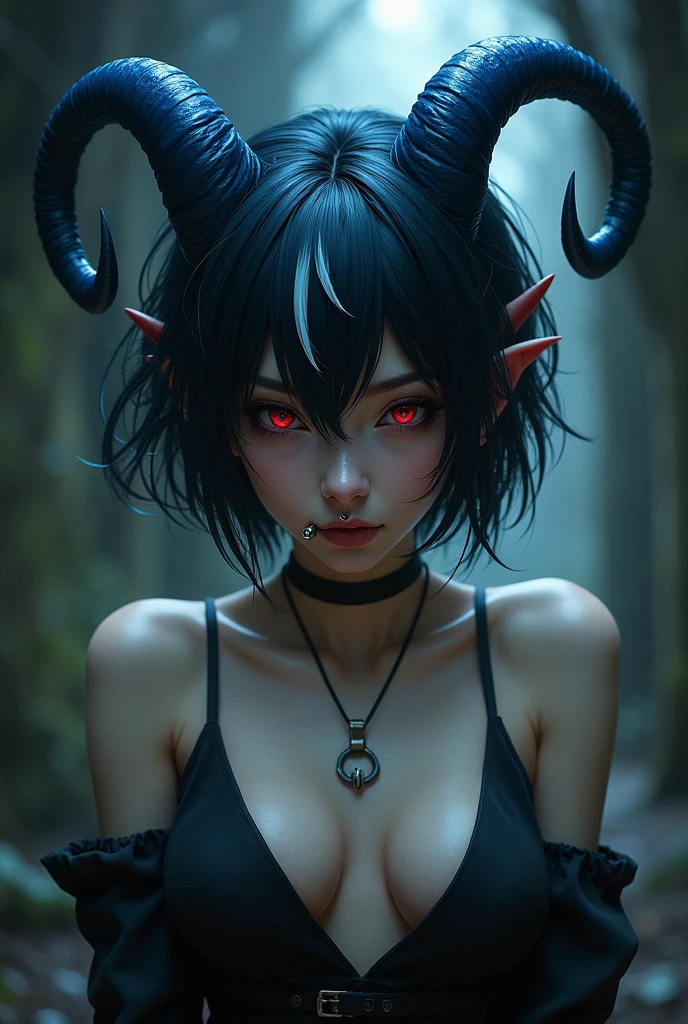 Create a female character. Short black hair with white highlights, Eyes red, blue horns on the head and piercing in the mouth.